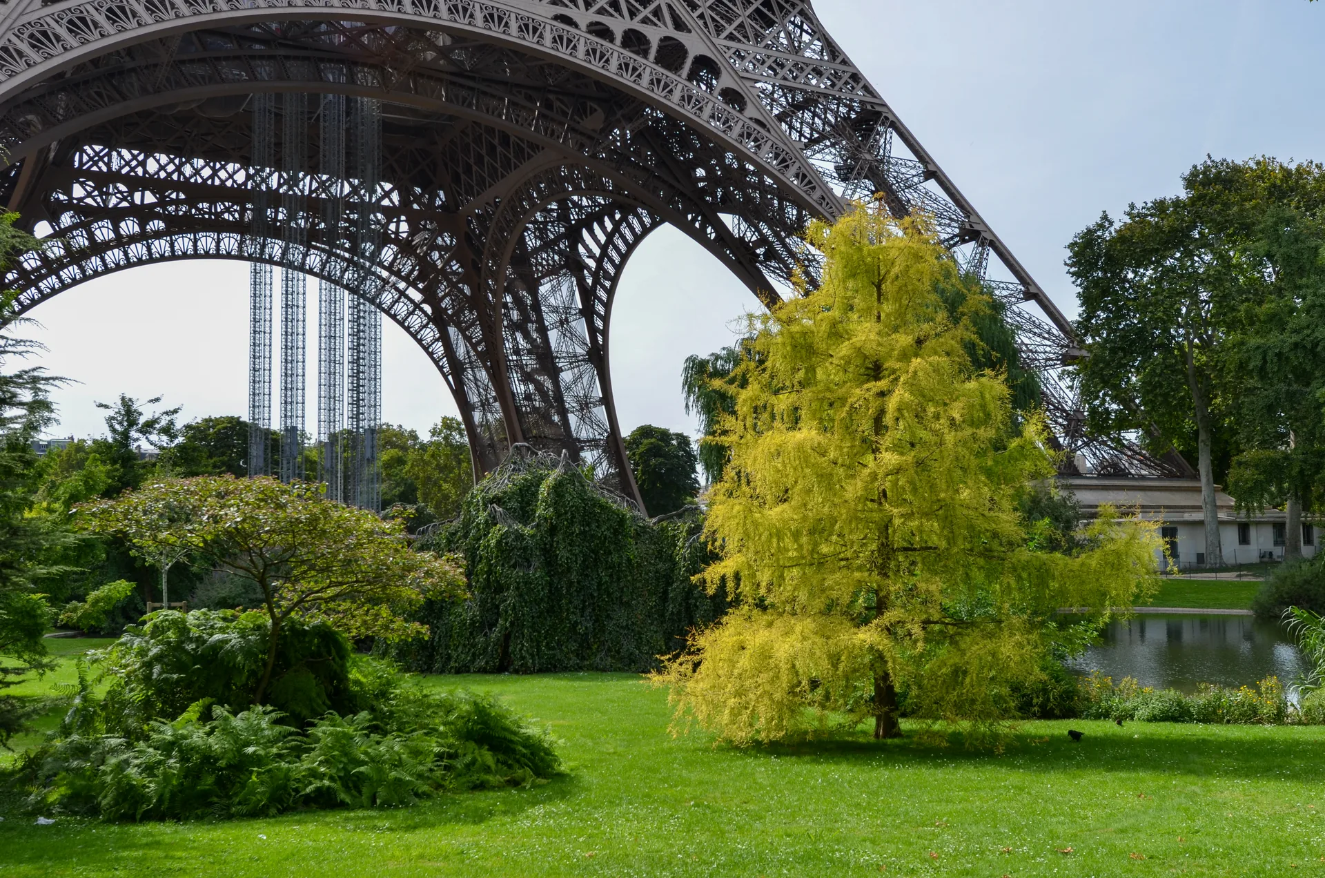 Jardim com árvores e um lago sob os arcos de ferro da Torre Eiffel, em Paris